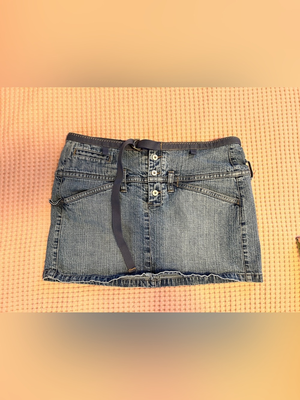 Marithe Francois Girbaud Blue Denim Mini Skirt with Waist Tie Belt